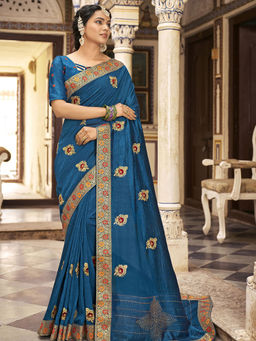 Odette - Teal Vichitra Embroidered Saree with Unstitched Blouse