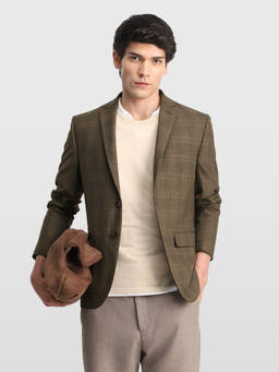 Arrow - Brown Men Windowpane Checked Body Tailored Regular Fit Blazer