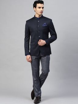 MANQ - Men Navy Blue Polyviscose Full Sleeves Blazer with Trouser