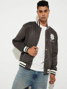 max - Grey URB_N Men Velour Varsity Jacket