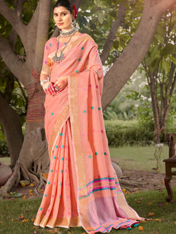 Sangam Prints - Pink Cotton Woven Festive Wear Saree with Unstitched Blouse