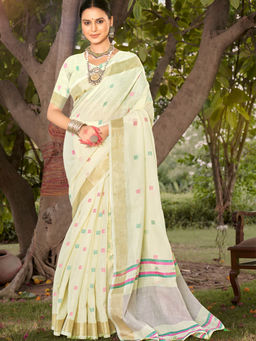 Sangam Prints - Off White Cotton Woven Festive Wear Saree with Unstitched Blouse