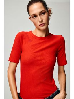 H&M - Women Red Ribbed T-Shirt