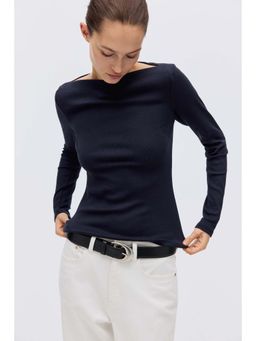 H&M - Women Blue Ribbed Boat-Neck Top