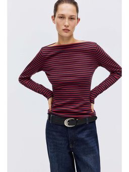 H&M - Women Red Ribbed Boat-Neck Top
