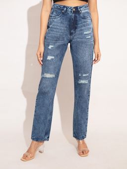 Twenty Dresses by Nykaa Fashion - Madonna Dark Blue High Waist Ripped Denim