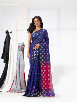 Angoshobha - Blue Cotton Blended Festive Handloom Saree with Unstitched Blouse