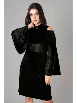 NEOFAA - Black Bell Sleeve Velvet Dress For Women