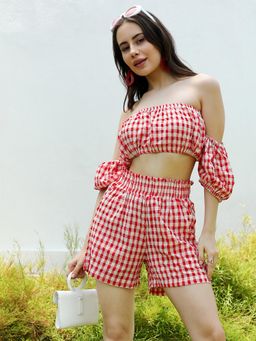 PINACOLADA - Women Scarlet Red Gingham Co-Ord Set (Set of 2)