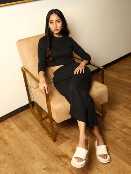 PINACOLADA - Women Midnight Black Ribbed Co-Ord Set (Set of 2)