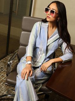 PINACOLADA - Women Powder Multi-Color Unbalanced Striped Double-Breasted Co-Ord Set (Set of 2)