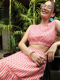 PINACOLADA - Women Multi-Color Pom-Pom Striped Co-Ord Set (Set of 2)