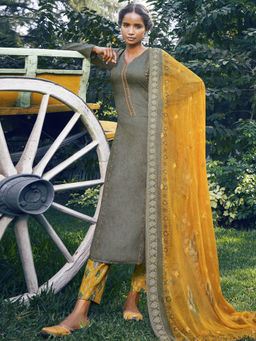 Stylee LIFESTYLE - Olive Green Jam Satin Embroidered Dress Material (Set of 3)