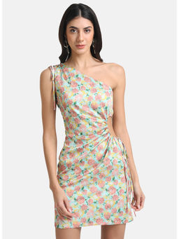 Kazo - Multi-color Ruched Printed Satin Dress With Cut-out At Waist