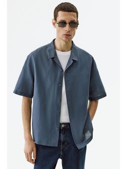 H&M - Men Blue Relaxed Fit Linen-Blend Resort Shirt