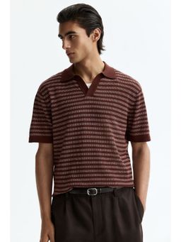 H&M - Men Brown Regular Fit Linen-Blend Polo T-Shirt