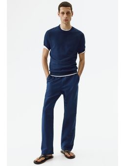 H&M - Men Blue Regular Fit Linen-Blend Trousers