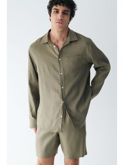 H&M - Men Green Regular Fit Linen-Blend Shirt
