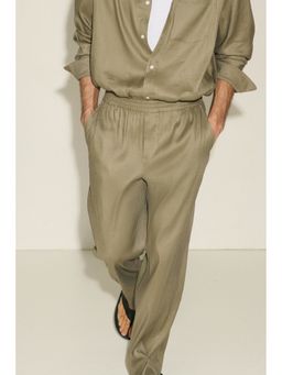 H&M - Men Green Comfort Stretch Loose Fit Linen-Blend Trousers