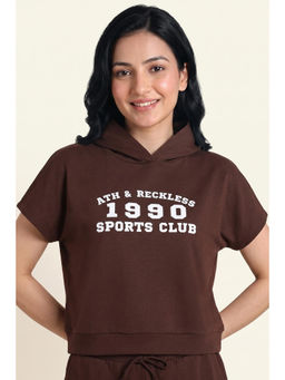Zivame - Brown Polyester Blend Hooded Half Sleeves Typography Sweatshirt
