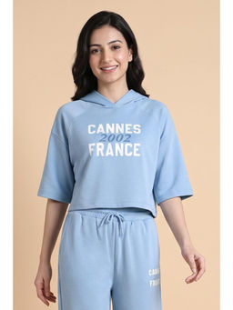 Zivame - Blue Polyester Blend Hooded Half Sleeves Typography Sweatshirt