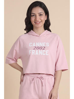 Zivame - Pink Polyester Blend Hooded Half Sleeves Typography Sweatshirt