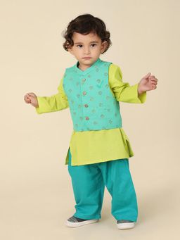Fabindia - Green Cotton Printed Kurta (Set of 3)