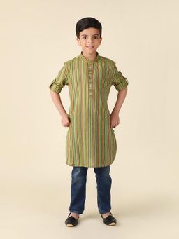 Fabindia - Green Cotton Striped Long Kurta