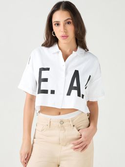 Bewakoof - Women's White Lead Typography Oversized Crop Shirt