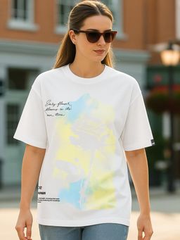Bewakoof - Women's White Patience Graphic Printed Oversized T-shirt