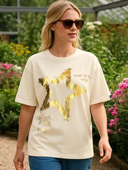 Bewakoof - Women's Beige Slay Foil Printed Oversized T-shirt