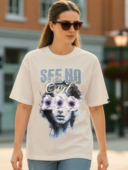 Bewakoof - Women's Beige See No Evil Graphic Printed Oversized T-shirt