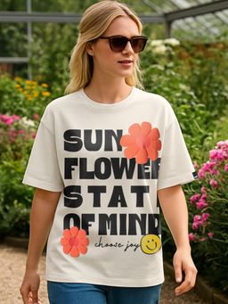 Bewakoof - Women's Beige Sunflower State Of Mind Graphic Printed Oversized T-shirt