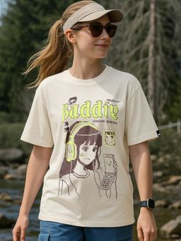 Bewakoof - Women's Beige Baddie Graphic Printed Oversized T-shirt
