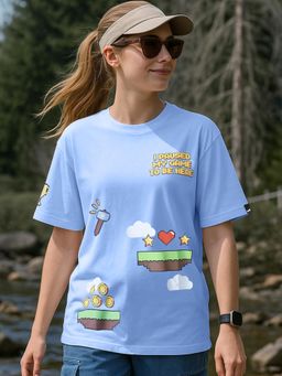 Bewakoof - Women's Chambray Blue I Paused My Game Graphic Printed Oversized T-shirt