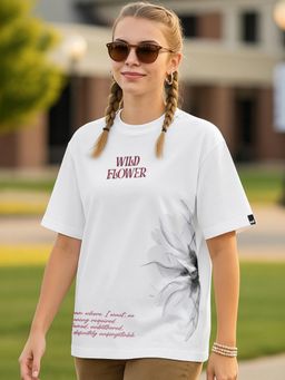 Bewakoof - Women's White Wild Flower Graphic Printed Oversized T-shirt