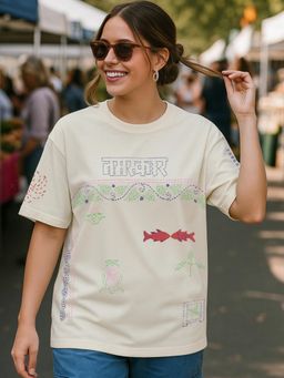 Bewakoof - Heavy Duty 1.0 Women's Beige Namaskar Graphic Printed Oversized T-shirt