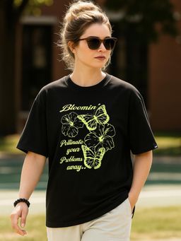 Bewakoof - Women's Jet Black Bloomin Graphic Printed Oversized T-shirt