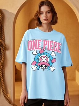 Bewakoof - Women's Sky Blue Chopper Onepiece Graphic Printed Oversized T-shirt