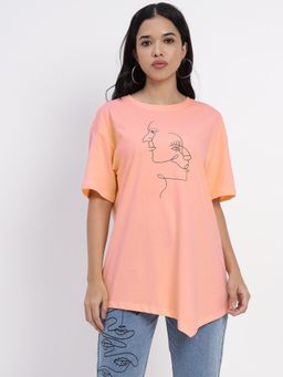 Sands of India - Peach Oversized Unique Abstract Face Print And Uneven Bottom