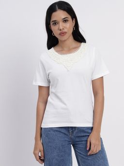 Sands of India - White Embroidered Lace Design Regular T Shirt
