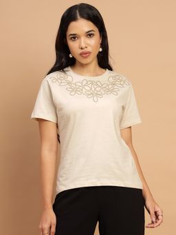 Sands of India - Ivory With Beige Floral Embroidered Regular T Shirt