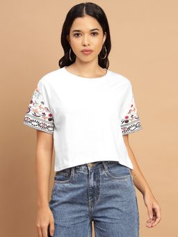 Sands of India - White Crop T Shirt With Embroidered Sleeves