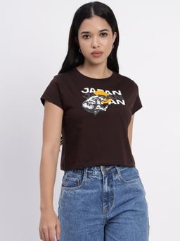 Sands of India - Brown Crop T Shirt With Japan Raising Sun Print