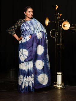 Beatitude - Blue and White Viscose Katan Silk Tie and Dye Saree Unstitched Blouse
