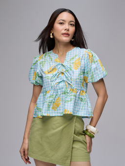 Twenty Dresses by Nykaa Fashion - Green Round Neck Puff Sleeves Bow Detail Peplum Top