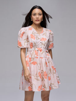 Twenty Dresses by Nykaa Fashion - Orange Floral Cut and Sew Flared Mini Dress With Belt