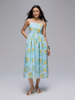 Twenty Dresses by Nykaa Fashion - Green Floral Strappy Smocked Back Flared Midi Dress