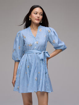 Twenty Dresses by Nykaa Fashion - Blue Striped Godet Bottom Mini Shirt Dress with Belt