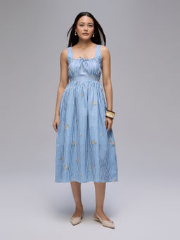 Twenty Dresses by Nykaa Fashion - Blue Floral Strappy Scoop Neck Drop Waist Corset Midi Dress